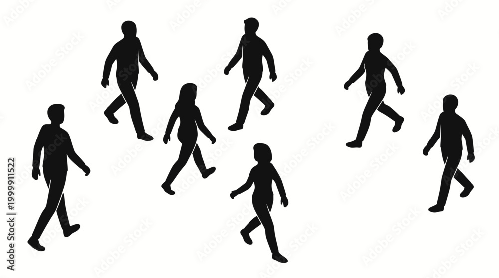 Obraz premium Seven black silhouettes of people walking in various directions on a white background, representing movement and human presence.