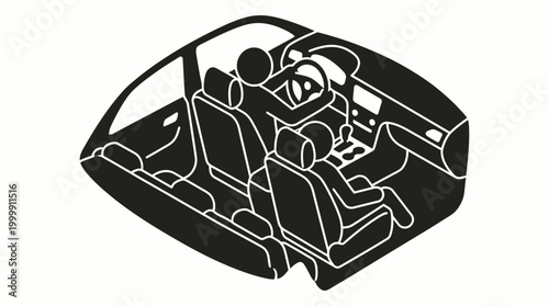 Cutaway view of a car interior showing driver and front passenger seating arrangement and cabin layout.