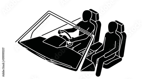 Schematic black and white illustration of two people inside a car, with one driving and the other in the passenger seat, showing the interior layout.