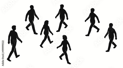 Seven black silhouettes of people walking in various directions on a white background, representing movement and human presence.