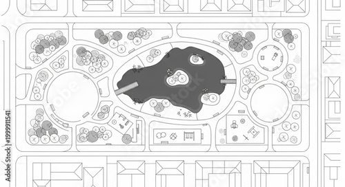 Architectural blueprint of a formal garden design with a central pond.