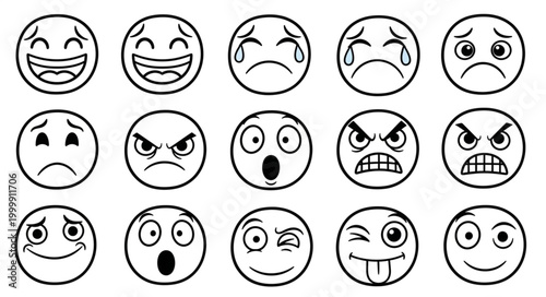 Collection of Hand Drawn Emoji Faces Expressing Various Emotions.