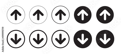 Set of up and down arrow icons in circles, black and white, various styles, on transparent background for apps.