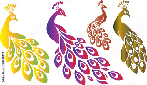 Elegant peacock vector set with colorful gradients, stylized bird silhouettes with decorative feathers, luxury peacock illustrations for branding