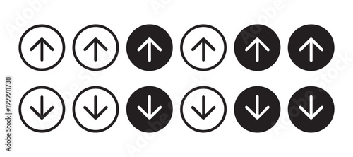 Collection of up and down arrow icons in circles, different styles, on transparent background for web use.