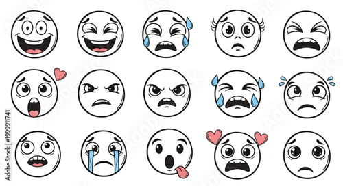 Collection of Hand Drawn Emoji Faces Expressing Various Emotions.