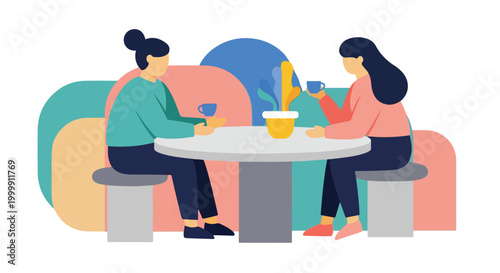 Two women sit across from each other at a round table, enjoying hot drinks in a colorful, modern cafe setting with abstract background shapes.