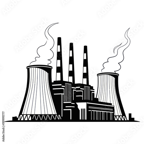 Industrial Power Plant Silhouette with Smoke Stacks and Cooling Towers