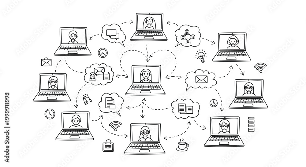 Fototapeta premium Network communication, online connection, social media, digital exchange, computer icons