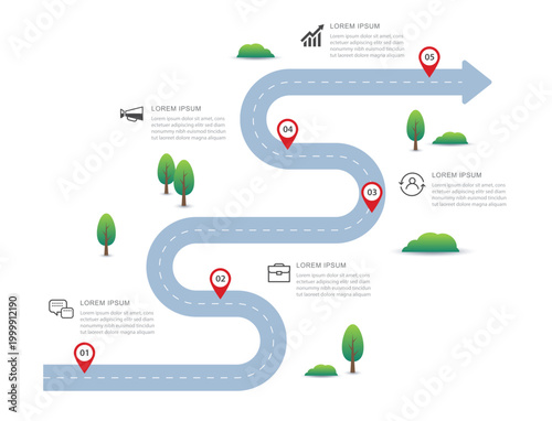 Roadmap infographic business journey process with five steps map pins and trees design.