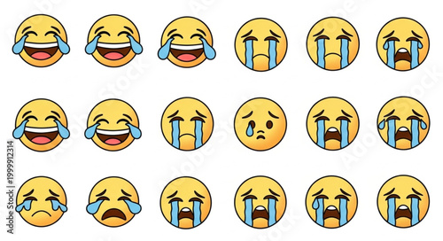 Collection of happy laughing and sad crying emojis.