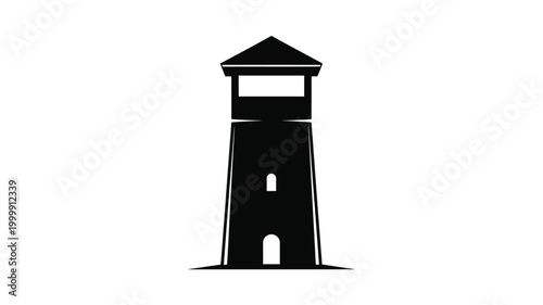 A stark black lighthouse stands against a white backdrop silhouette