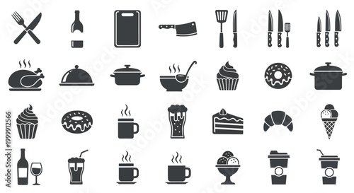 Kitchenware and Food Icons for Menu Design and Culinary Projects