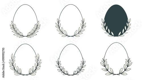 Collection of six decorative egg-shaped frames embellished with delicate hand-drawn leafy wreaths and berries.