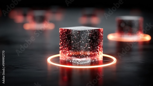 Futuristic glowing cube with particles in a dark, atmospheric environment