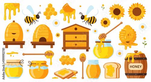 Honey bee apiary vector collection, organic honey jars and beehive set, yellow sunflower and honeycomb icons for farm branding and food packaging