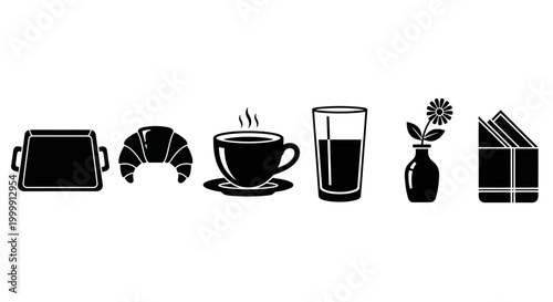 Whisk Breakfast Line Vector Icon with Croissant Coffee Juice and Flower