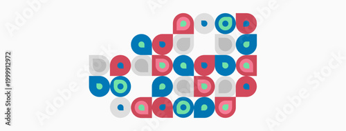 Abstract composition. Circles, squares, rectangles form pattern. Colors include blue, red, gray, teal. Minimalist design on white background.