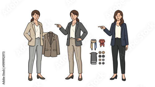 Professional Woman Business Attire Guide. Corporate Outfits, Blazers, Pants, and Accessories Illustration.