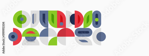 Abstract geometric shapes form playful pattern. Circles, rectangles, curves create colorful design. Minimalist style, modern aesthetic.