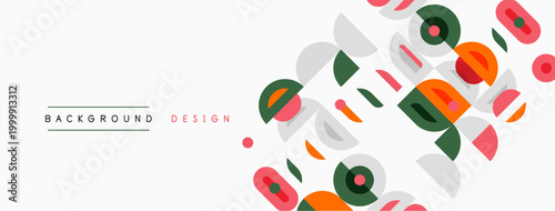 Abstract geometric shapes overlap, creating vibrant background design. Colors include orange, green, red, gray, pink. Minimalist style.