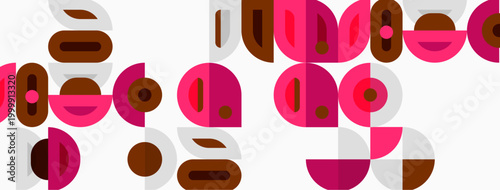 Abstract geometric pattern. Circles, ovals, rectangles overlap creating playful composition. Brown, pink, beige colors dominate design.