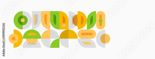 Abstract geometric shapes, muted colors, midcentury modern style. Composition features overlapping circles, lines, curves. Minimalist design.