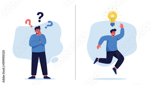 Character showing transition from confusion with question marks to having a bright idea with a glowing lightbulb.