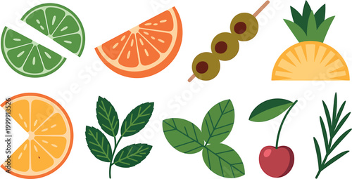 Assorted fruit slices and garnishes like lime, orange, pineapple, cherry, olives, herbs vector illustration  on transparent background.