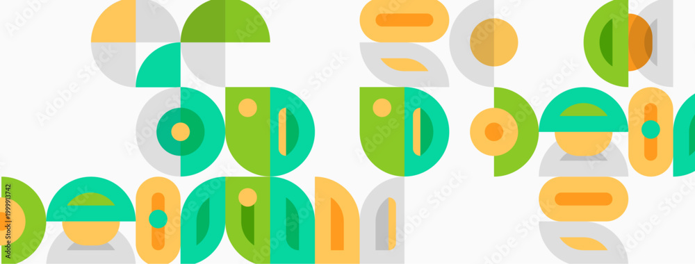 Fototapeta premium Abstract geometric shapes overlap, creating playful composition. Colors include green, orange, yellow, gray. Minimalist design, modern aesthetic.