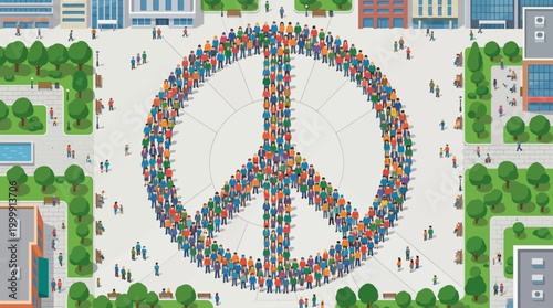 Large Peace Sign Formation Created by Crowd in Urban Park.