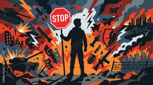 Silhouette of Person Standing Amidst Chaos and Destruction.