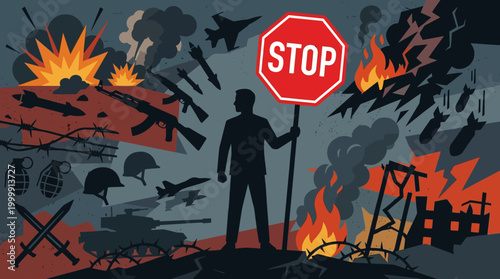Silhouette of Person Holding Stop Sign Amidst Fire and Destruction.