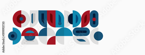 Abstract geometric shapes, red, blue, gray. Minimalist design, flat illustration, modern aesthetic. Clean lines, simple forms, balanced composition.