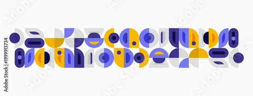 Abstract geometric pattern. Circles, semicircles, rectangles combine creating colorful linear design. Purple, blue, yellow hues dominate composition.