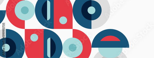 Abstract geometric pattern. Circles, squares, rectangles overlap creating colorful design. Minimalist style, modern aesthetic.