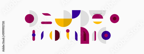 Abstract geometric shapes, purple, gold, navy colors. Minimalist composition, modern design elements, simple forms present.