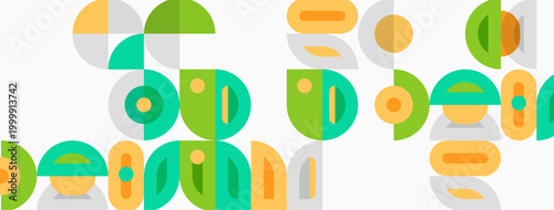 Abstract geometric shapes overlap, creating playful composition. Colors include green, orange, yellow, gray. Minimalist design, modern aesthetic.