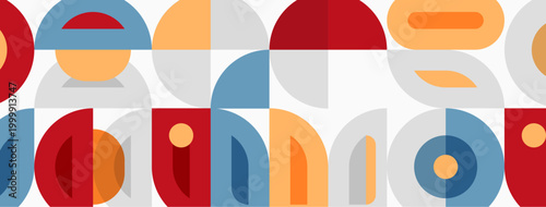 Abstract geometric pattern. Colorful semicircles, rectangles create repeating design. Modern aesthetic, simple shapes dominate composition.