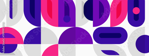 Abstract pattern features overlapping semicircles, vibrant purple, pink hues. Minimalist design creates playful, modern aesthetic.