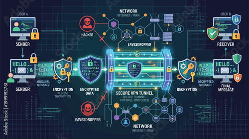 Digital Network Security and Cybersecurity Technology Illustration.