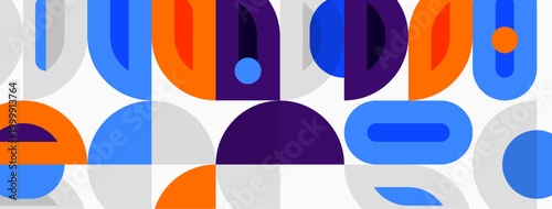 Abstract geometric pattern. Shapes overlap, creating colorful visual rhythm. Blue, orange, purple dominate composition. Modern design element.