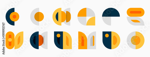 Geometric shapes, varying colors, arranged horizontally. Abstract design, simple forms, muted palette, modern aesthetic.