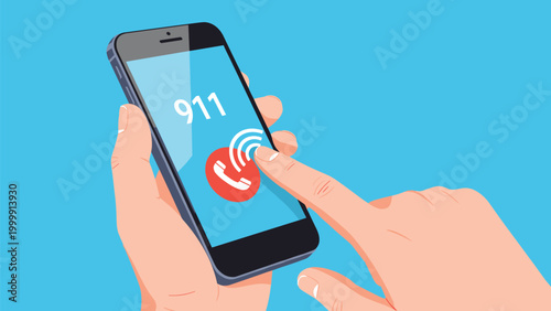 Human hand pressing the emergency call button for nine-one-one on a smartphone screen against a bright blue background.
