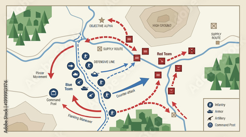Military Strategy Diagram with Battle Movements and Terrain Features.