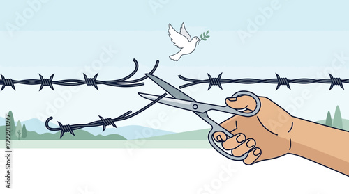 Hand Cutting Barbed Wire Fence with Scissors.