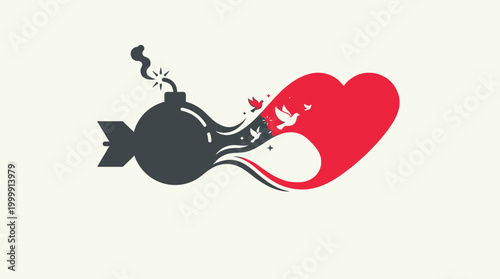 Heart with Bomb and Dove Symbolism Illustration.