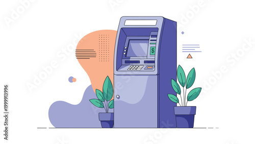 Modern automated teller machine standing in an office environment with decorative indoor plants in the background.