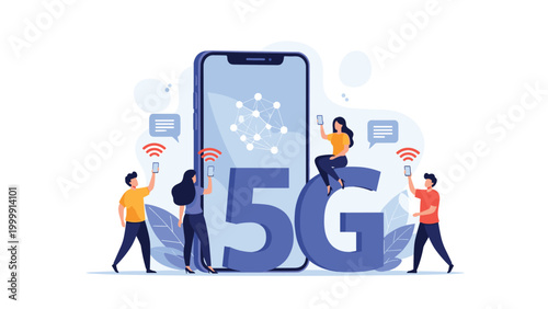 Diverse people using mobile devices connected to a fast 5G wireless network shown on a large smartphone screen.