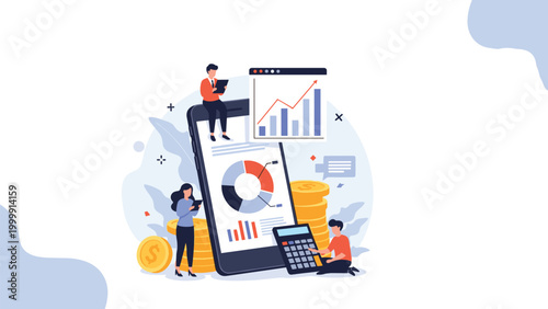 Professional business team analyzing financial data charts and graphs displayed on a giant mobile phone screen.